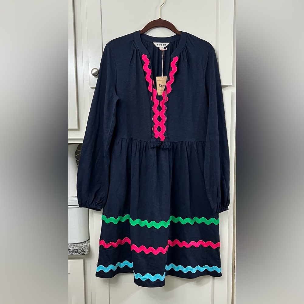 Boden Blue Pink Green Corinna Ric Rac Long Sleeve Sundress